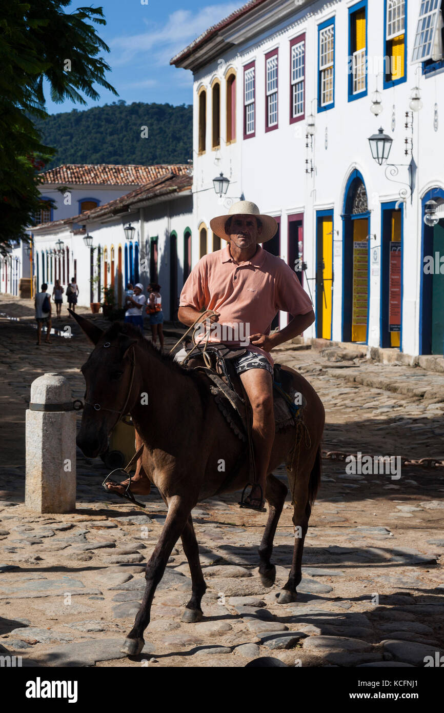 Brazilian man on horseback in Paraty, State of Rio de Janeiro, Brazil, South America Stock Photo