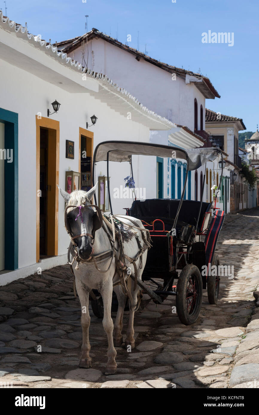 Horse and carriage in Paraty, State of Rio de Janeiro, Brazil, South America Stock Photo