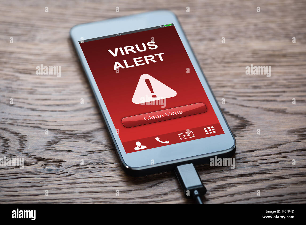 Close-up Of A Mobile Phone With Virus Infected And Cleaning Option Stock Photo