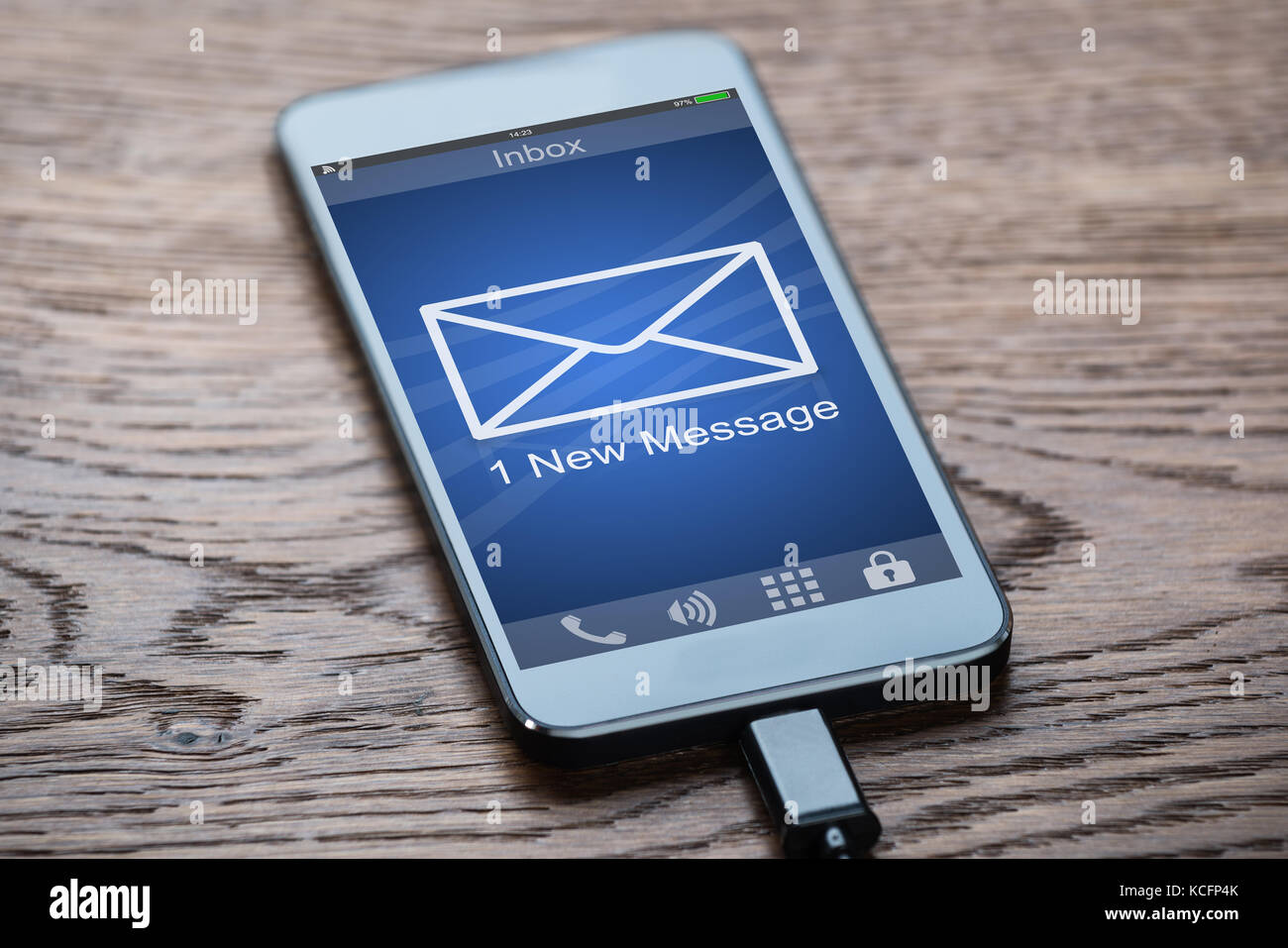 Close-up Of A Mobile Phone With One New Message Received In Its Inbox Stock Photo