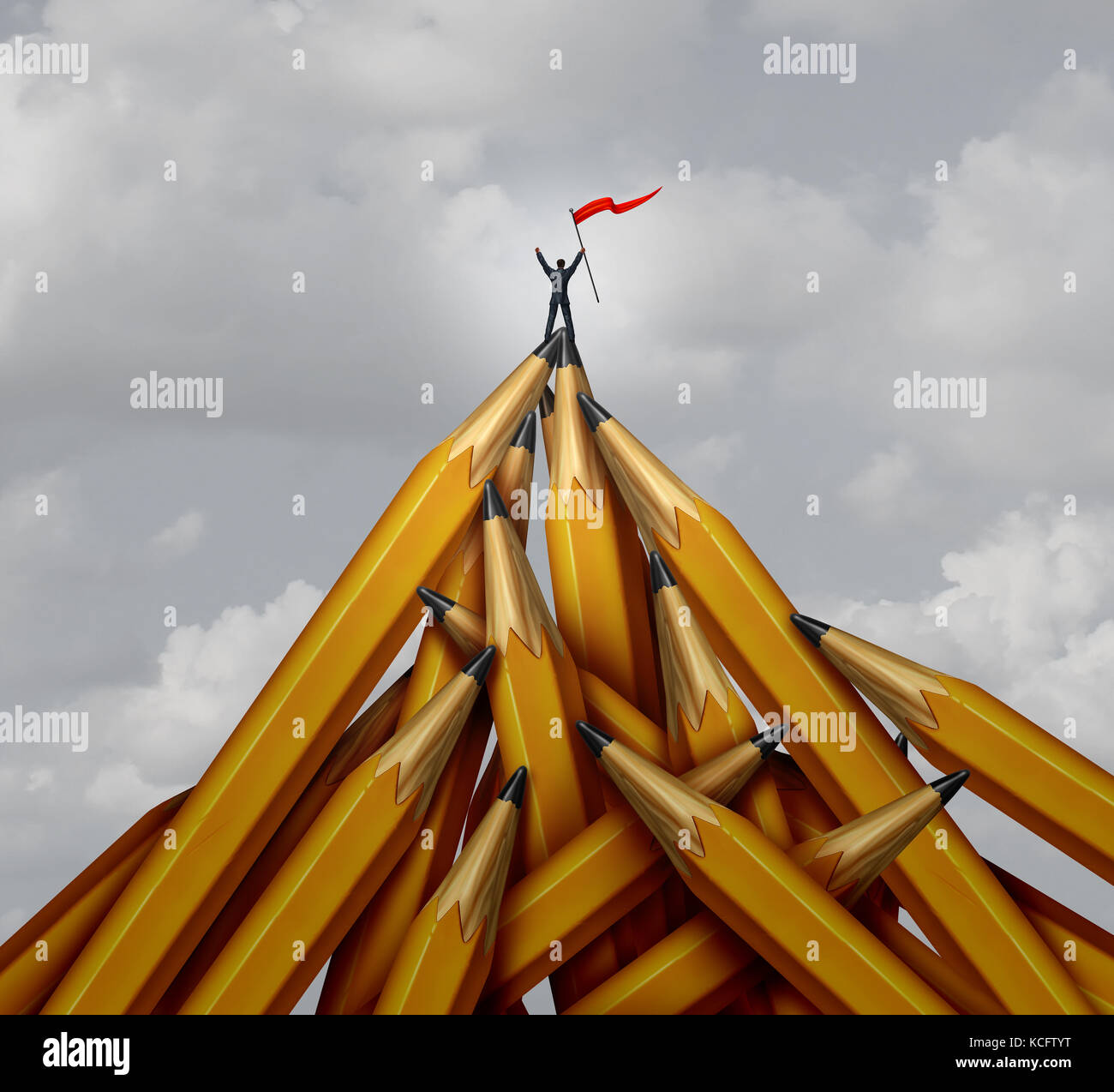 Creative business champion as a business person leader on the top of a mountain made of pencil objects with 3D illustration elements. Stock Photo