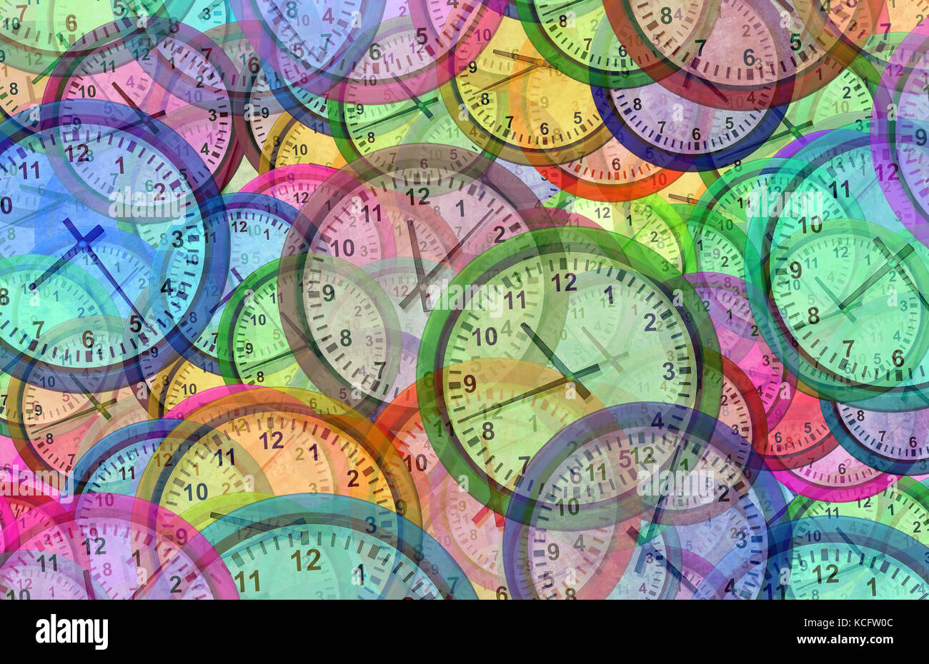 Time background with multiple clock symbols as a chronology and traveling pattern as a 3D illustration. Stock Photo