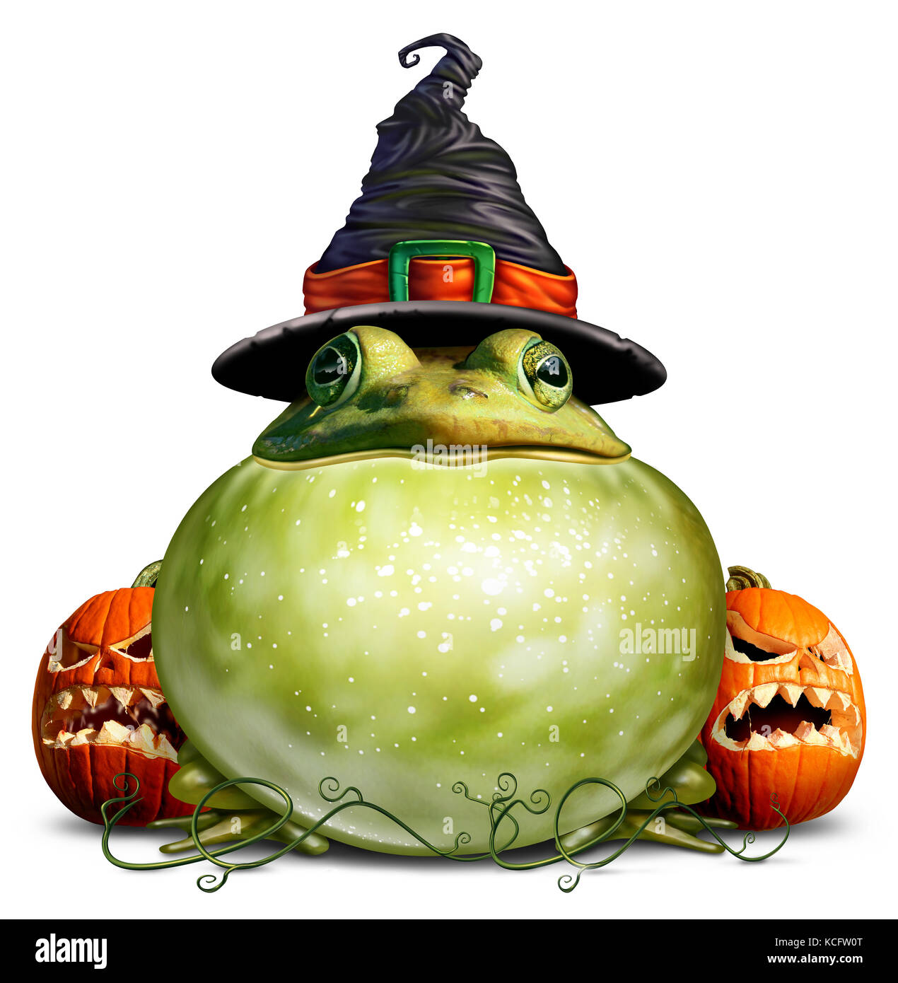 Halloween frog with autumn jack o lantern pumpkins on a white background. Stock Photo
