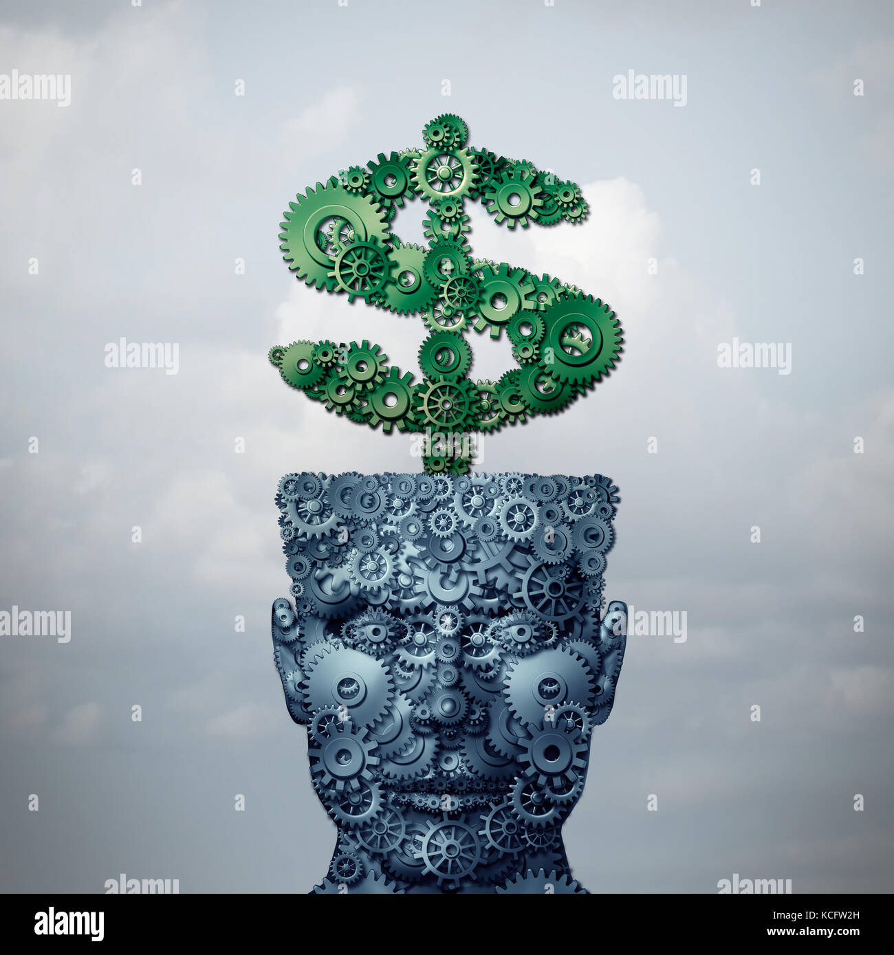 Intelligent money and financial investing intelligence as a head and dollar sign made of gear and cog wheels as a 3D illustration. Stock Photo