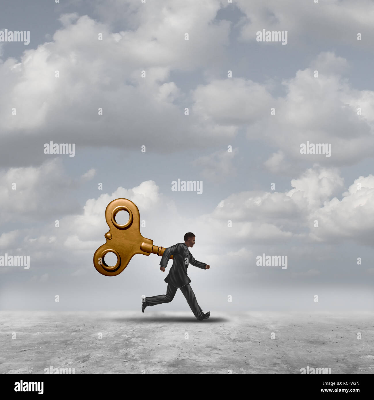 Business wind key running with a windup clockwork or toy mechanism controlling a worker like a robot with 3D illustration elements. Stock Photo