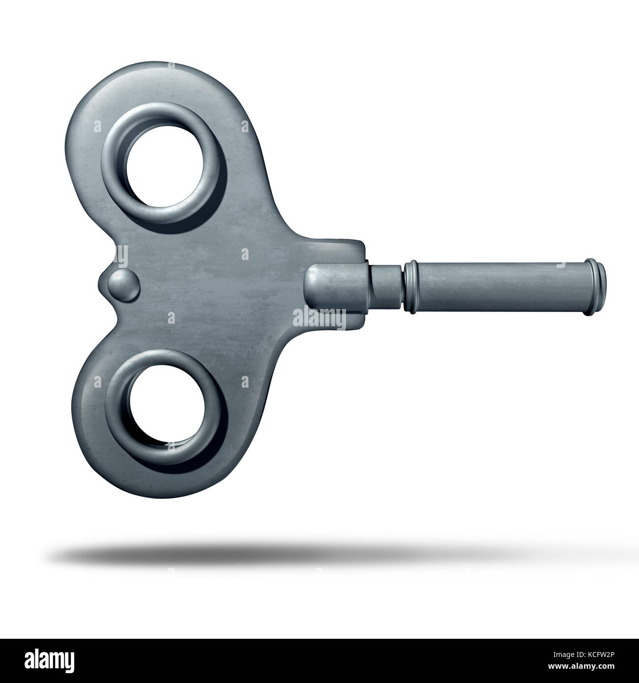 Winding key object as a classic windup toy or clock mechanism on a white background as a 3D illustration. Stock Photo