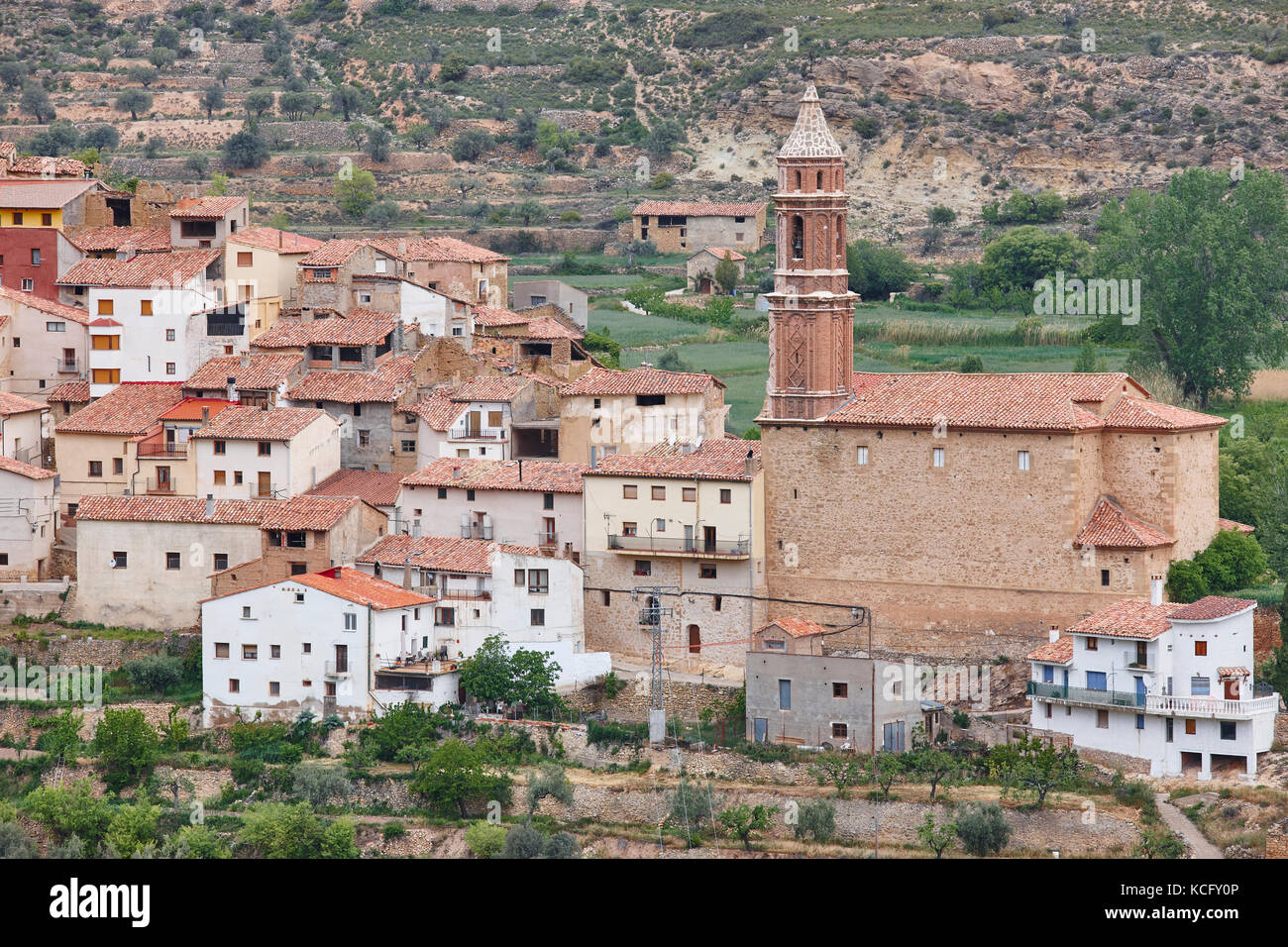 Traditional village with stone church. Seno, Teruel. Spain. Travel background Stock Photo