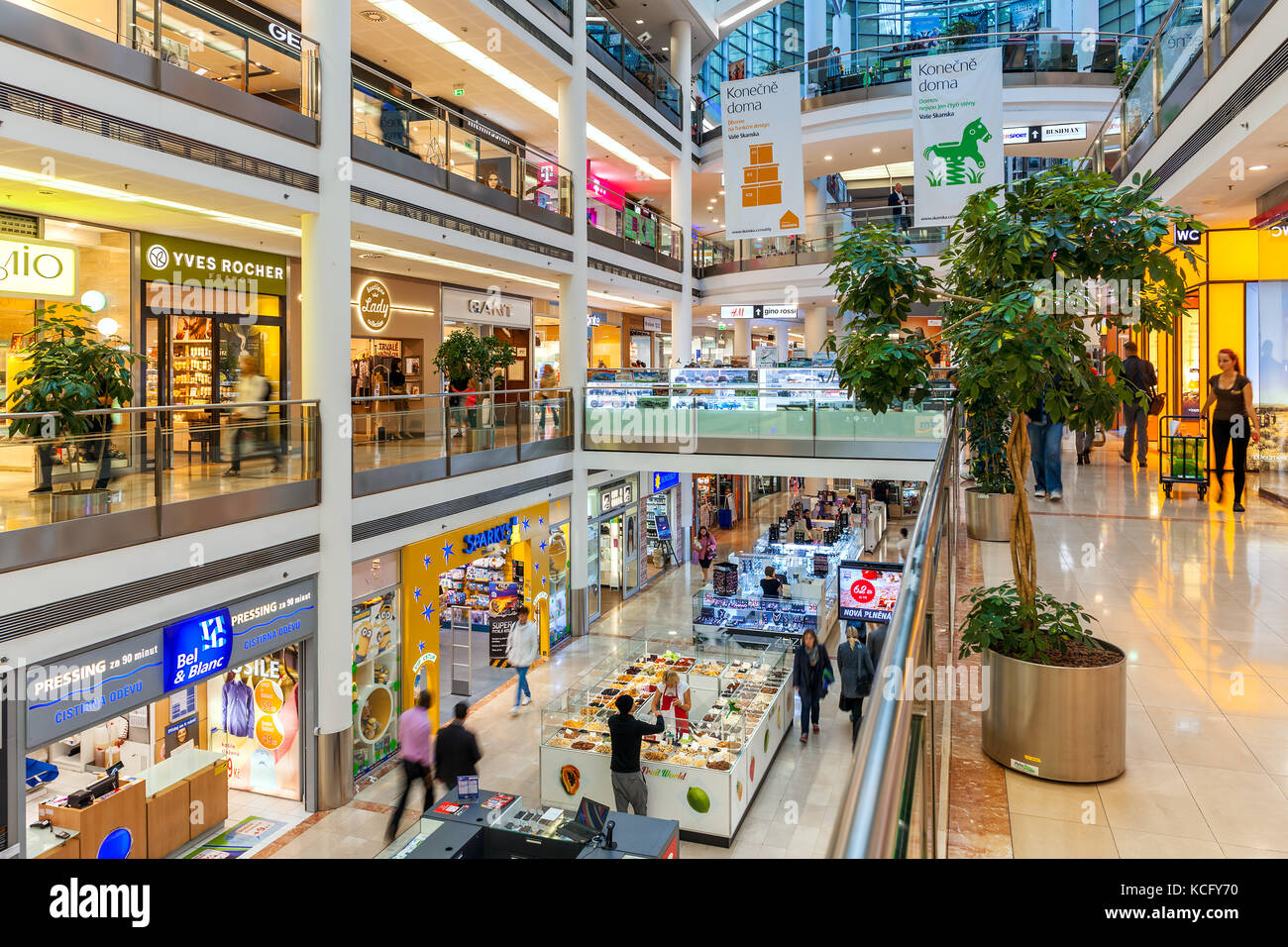 PRAGUE, CZECH REPUBLIC - SEPTEMBER 23, 2015: Palac Flora shopping mall interior view. Opened in 2003, contains 4 floors, 120 shops and Cinema City. Stock Photo