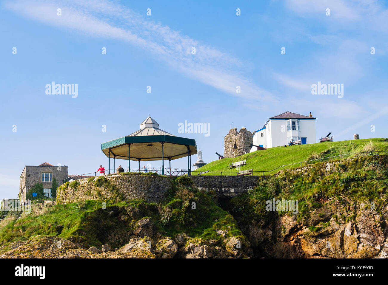 Offshore view to bandstand and buildings on Castle Hill viewpoint in Pembrokeshire Coast National Park. Tenby, Pembrokeshire, Wales, UK, Britain Stock Photo
