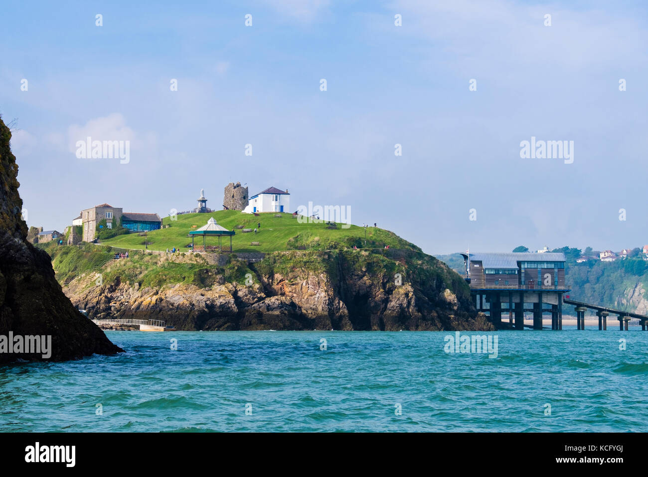 Offshore view across sea water to Castle Hill viewpoint in Pembrokeshire Coast National Park. Tenby, Pembrokeshire, Wales, UK, Britain Stock Photo