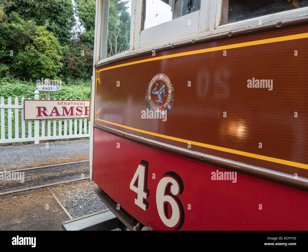 Manx Electric Railway open trailer number 46. Manufactured 1899. Stock Photo