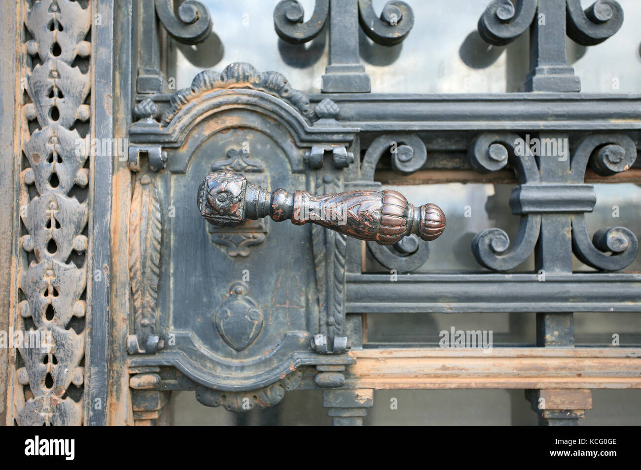 Antique wrought iron door and handle Stock Photo