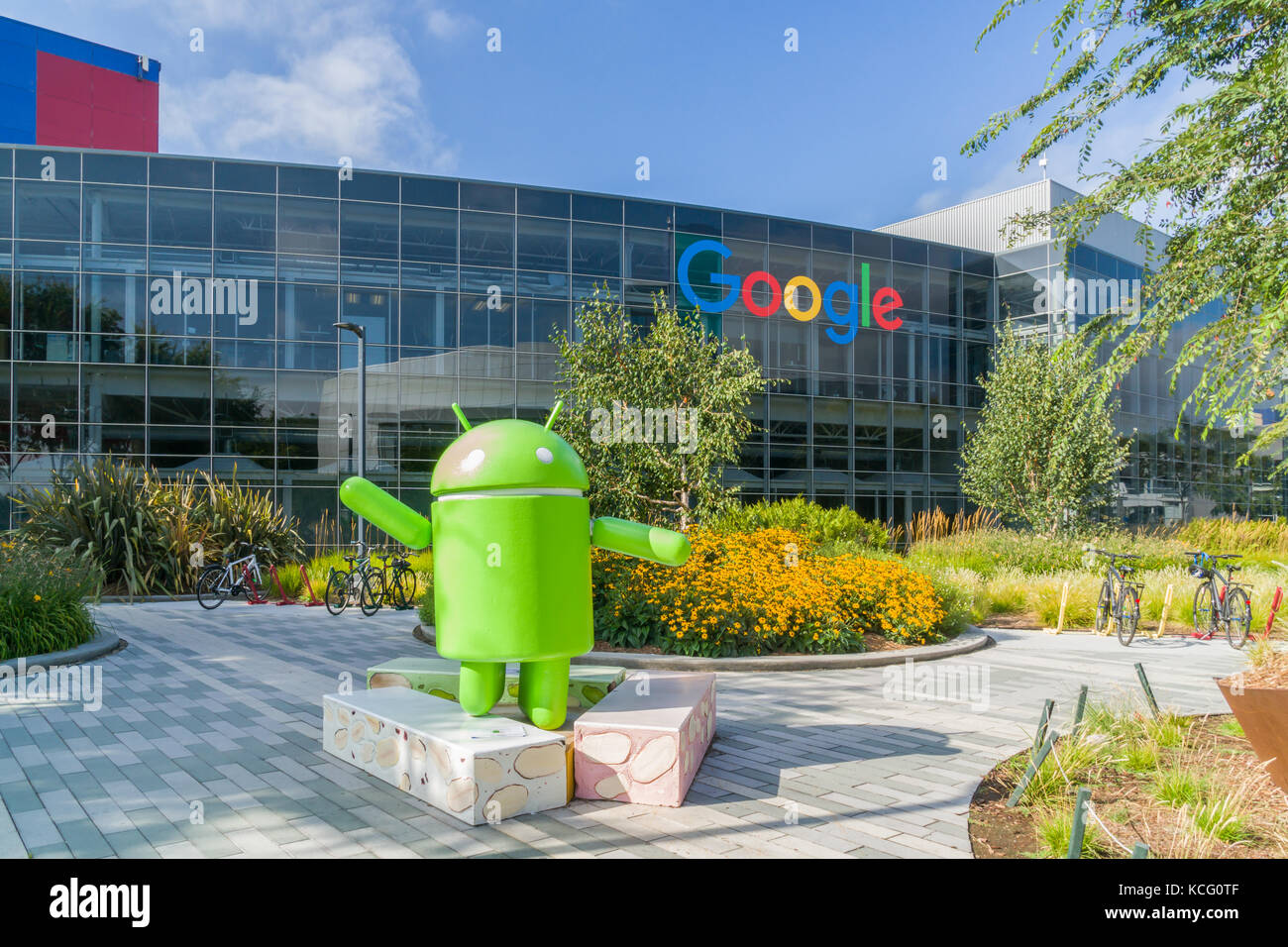 MOUNTAIN VIEW, CA/USA - JULY 30, 2017: Google corporate headquarters and logo. Google is an American multinational technology company that specializes Stock Photo