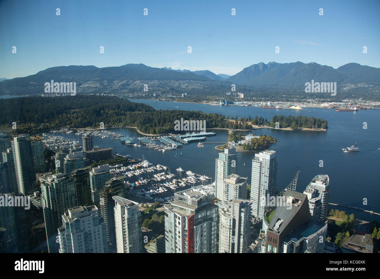 North America, Canada, British Columbia, Vancouver, high angle view of Vancouver, showing Stanley Park. Waterfront and harbour area. Stock Photo