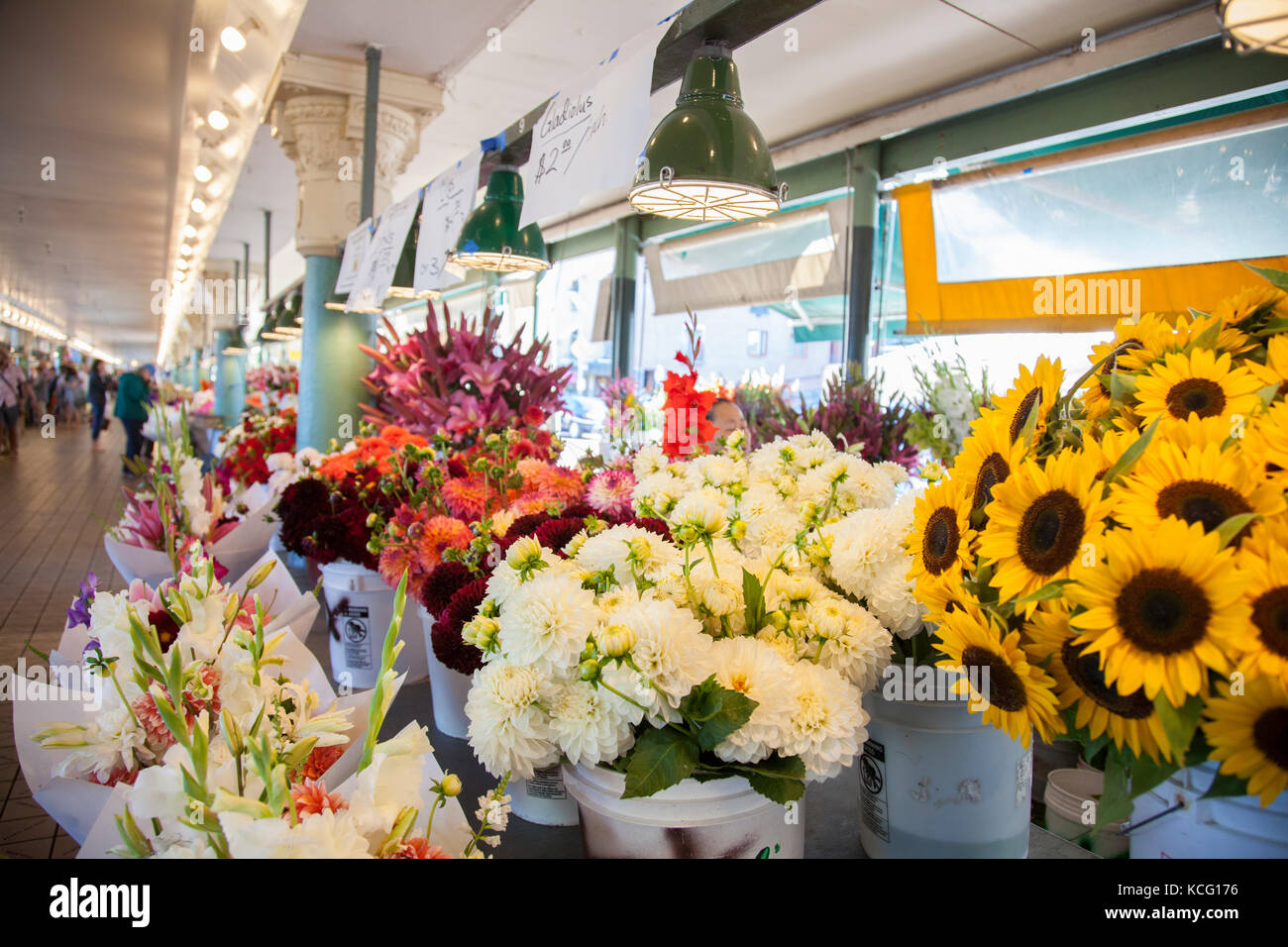 Flowers for sale at Public Market Center farmers market Pike Place Market in Seattle Washington Stock Photo