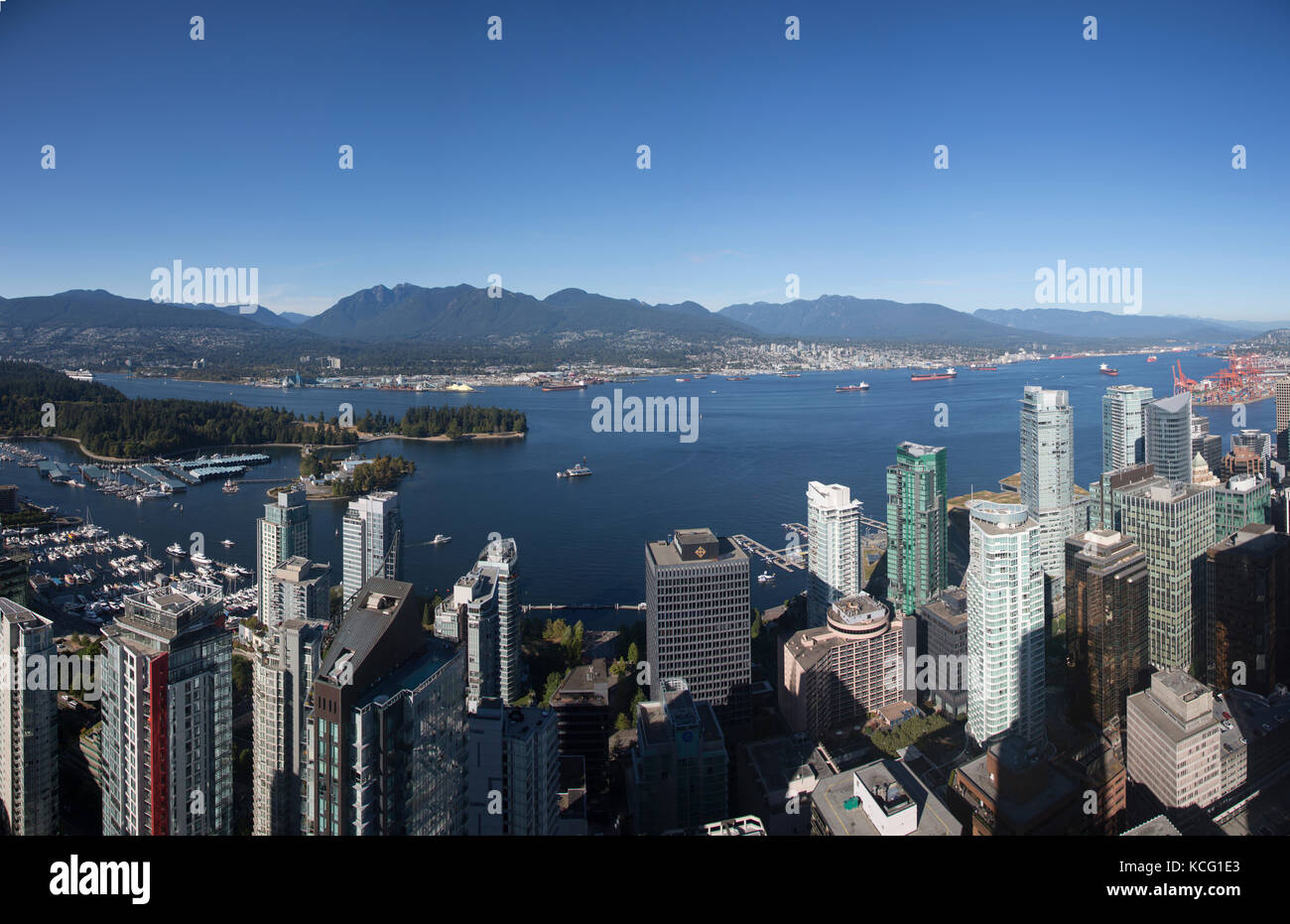 North America, Canada, British Columbia, Vancouver, high angle view of Vancouver, showing Stanley Park. City skyline with waterfront and harbour area  Stock Photo