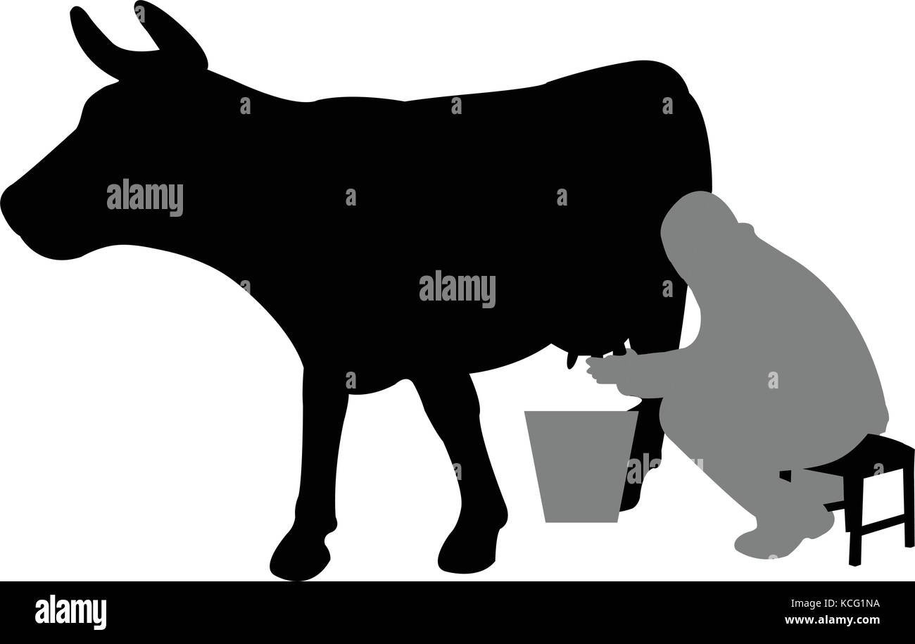 man milking a cow silhouette - vector Stock Vector