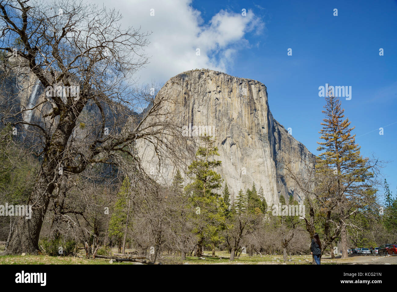 Waterfall and EI Captain view at Yosemite National Park, California, USA Stock Photo