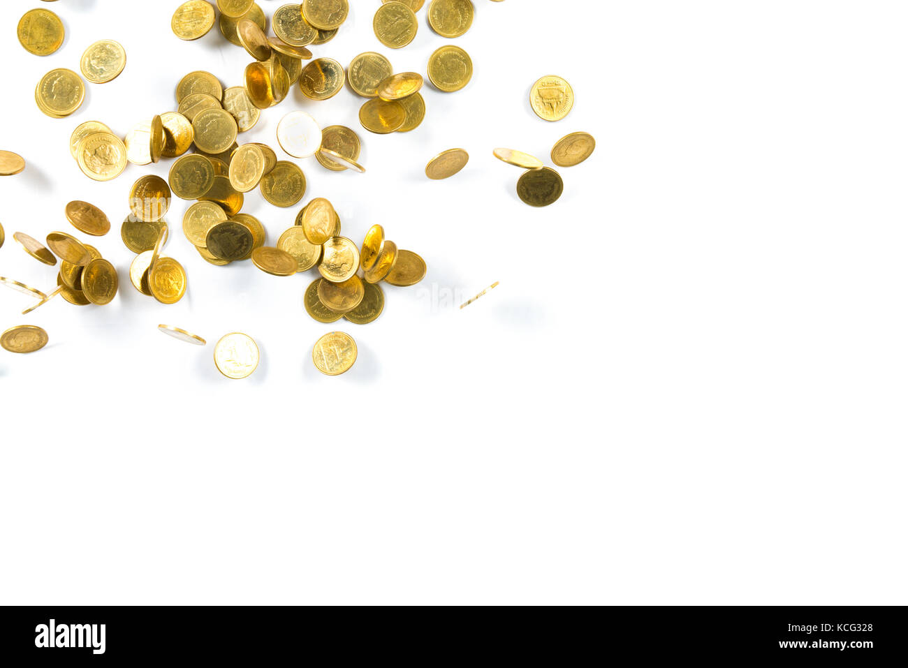 Top view of Falling gold coins money isolated on the white background ...