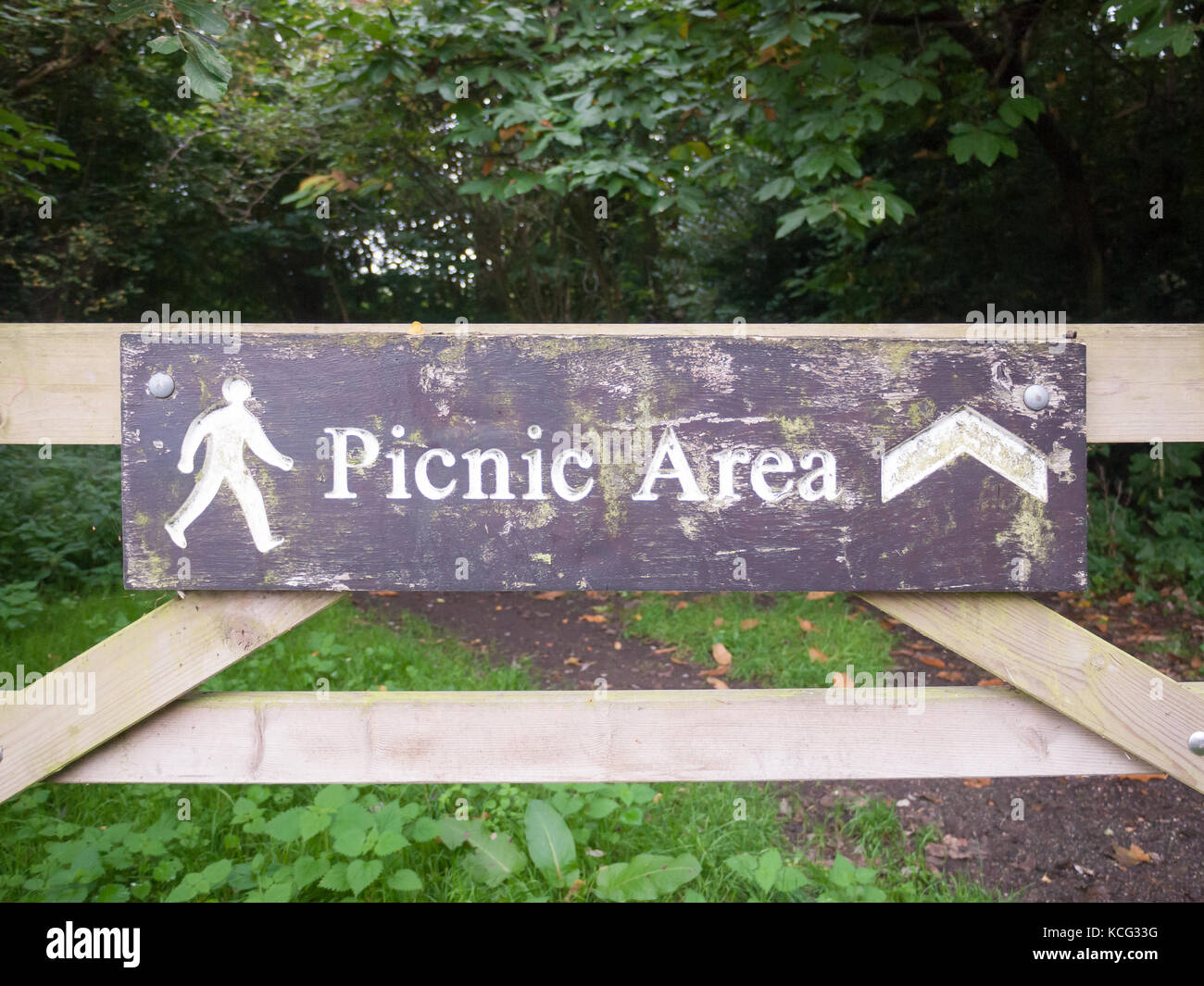 picnic area public sign on wooden fence countryside; Essex; England; UK