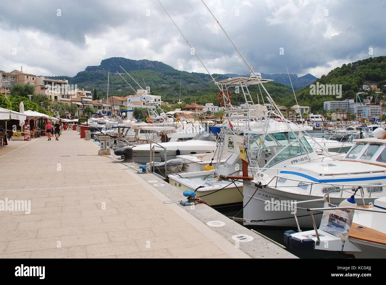 Boats moored in the harbour at Port de Soller on the Spanish island of Majorca on September 6, 2017. Stock Photo