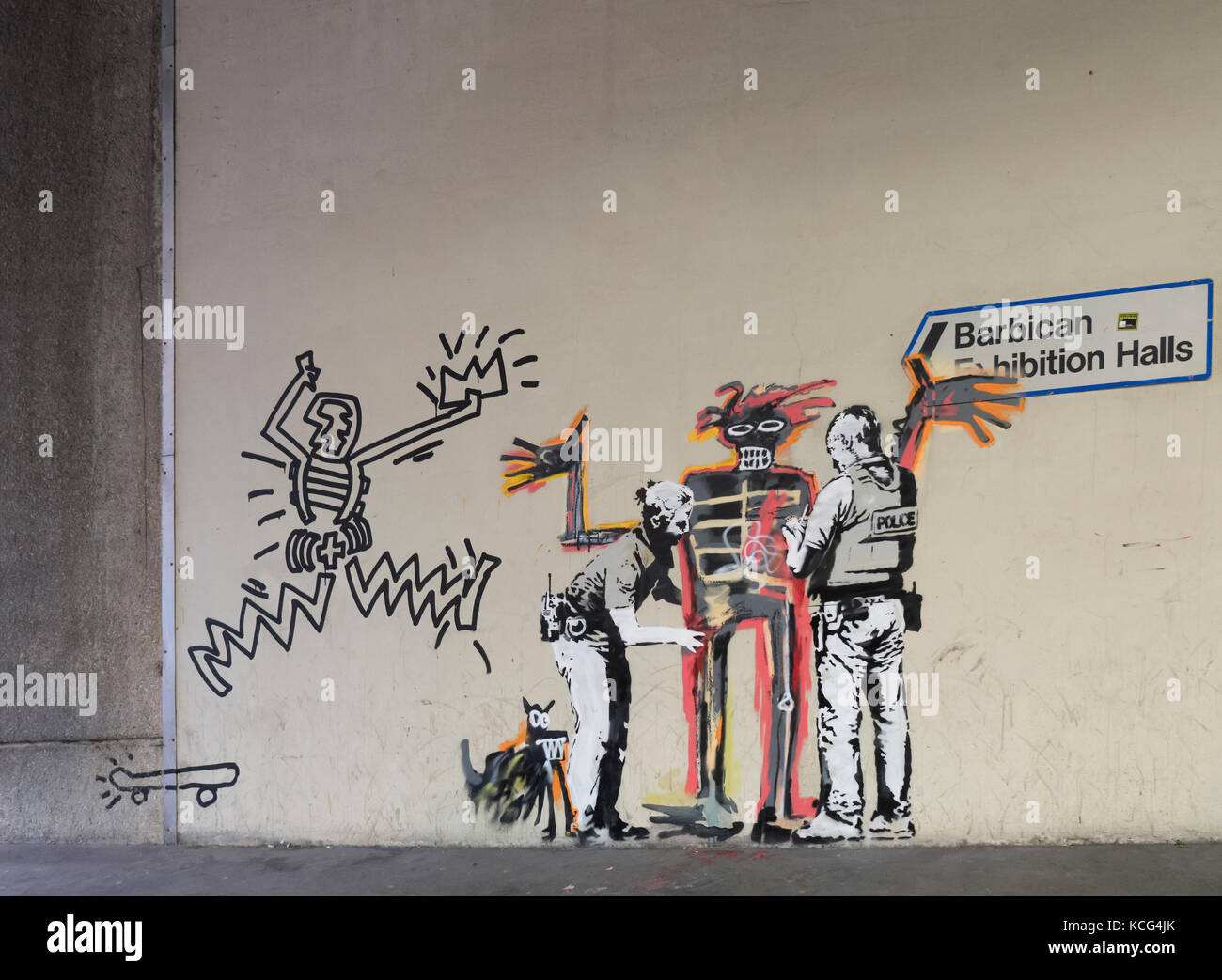 Banksy street art in the Barbican London UK inspired bu Jean-Michel Basquiat exhibition Stock Photo