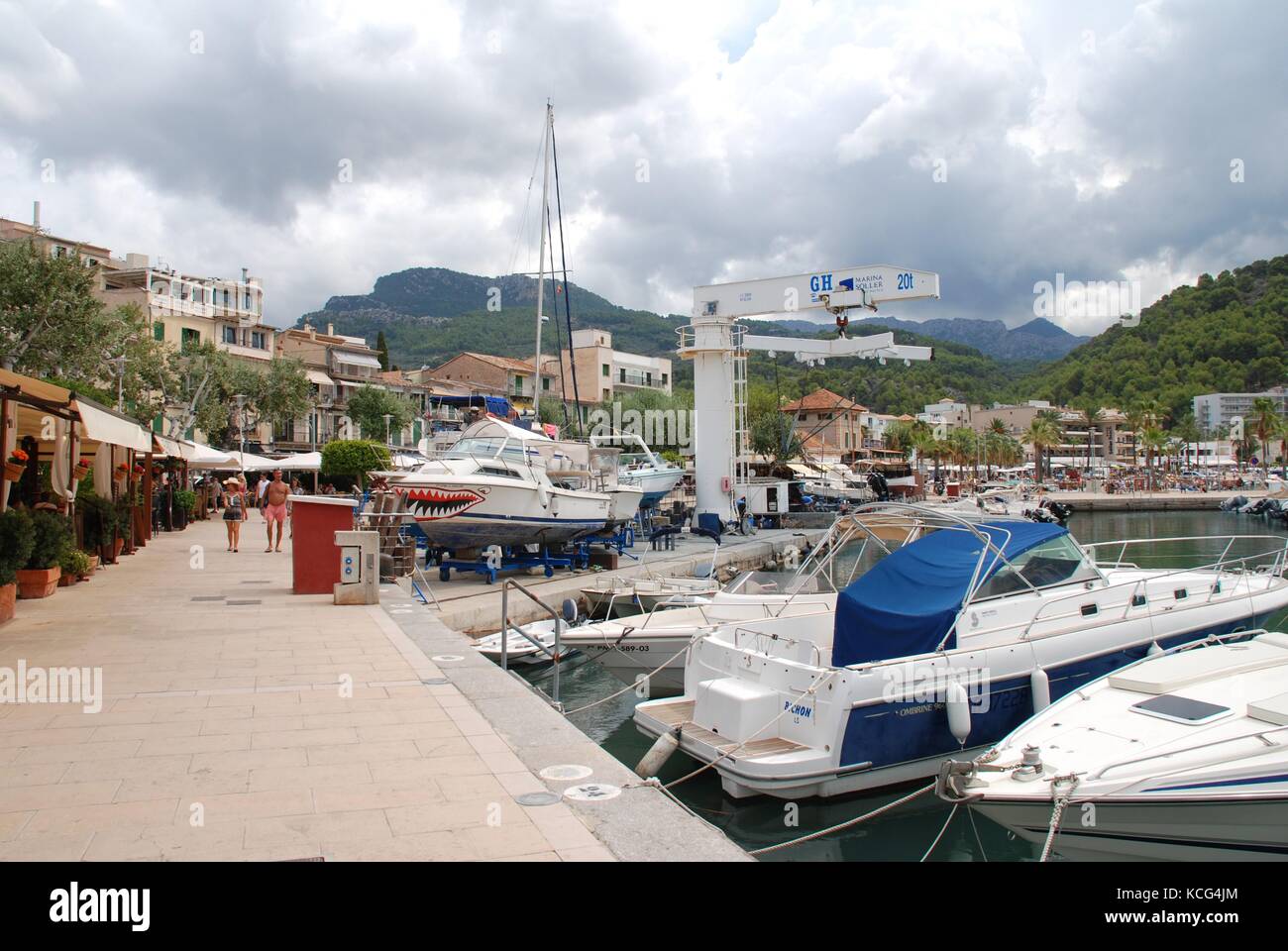 Boats moored in the harbour at Port de Soller on the Spanish island of Majorca on September 6, 2017. Stock Photo