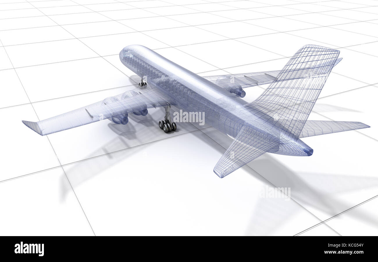 Airplane wire model , isolated on white. 3D illustration Stock Photo