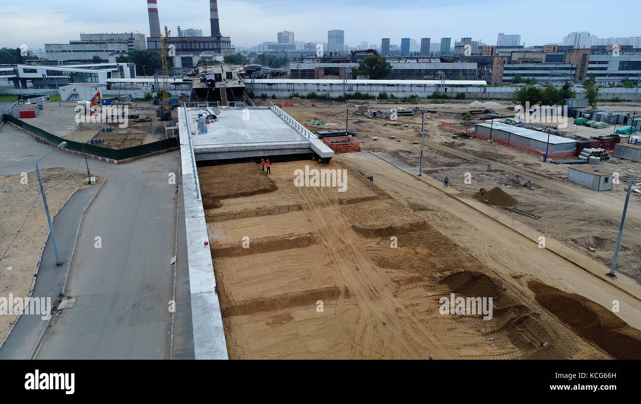 Moscow, Russia, July 30, 2017: Construction of a new road on the territory of the former plant. Stock Photo