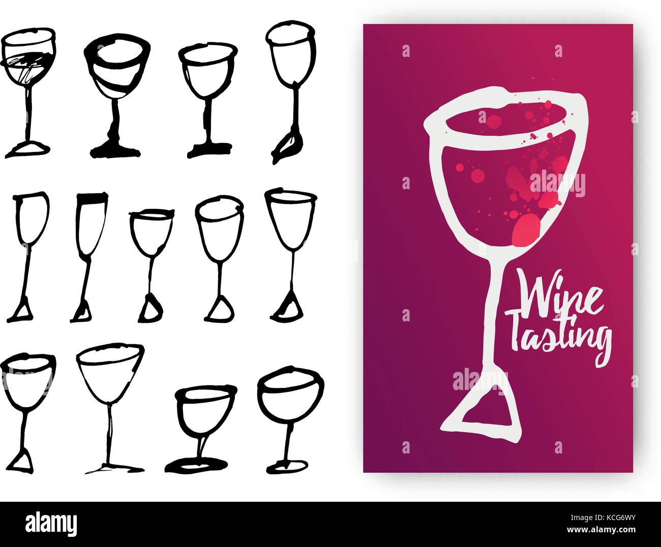 Set of hand drawn drink cups. Illustration of design template with wine glass. Vector Illustration Stock Vector