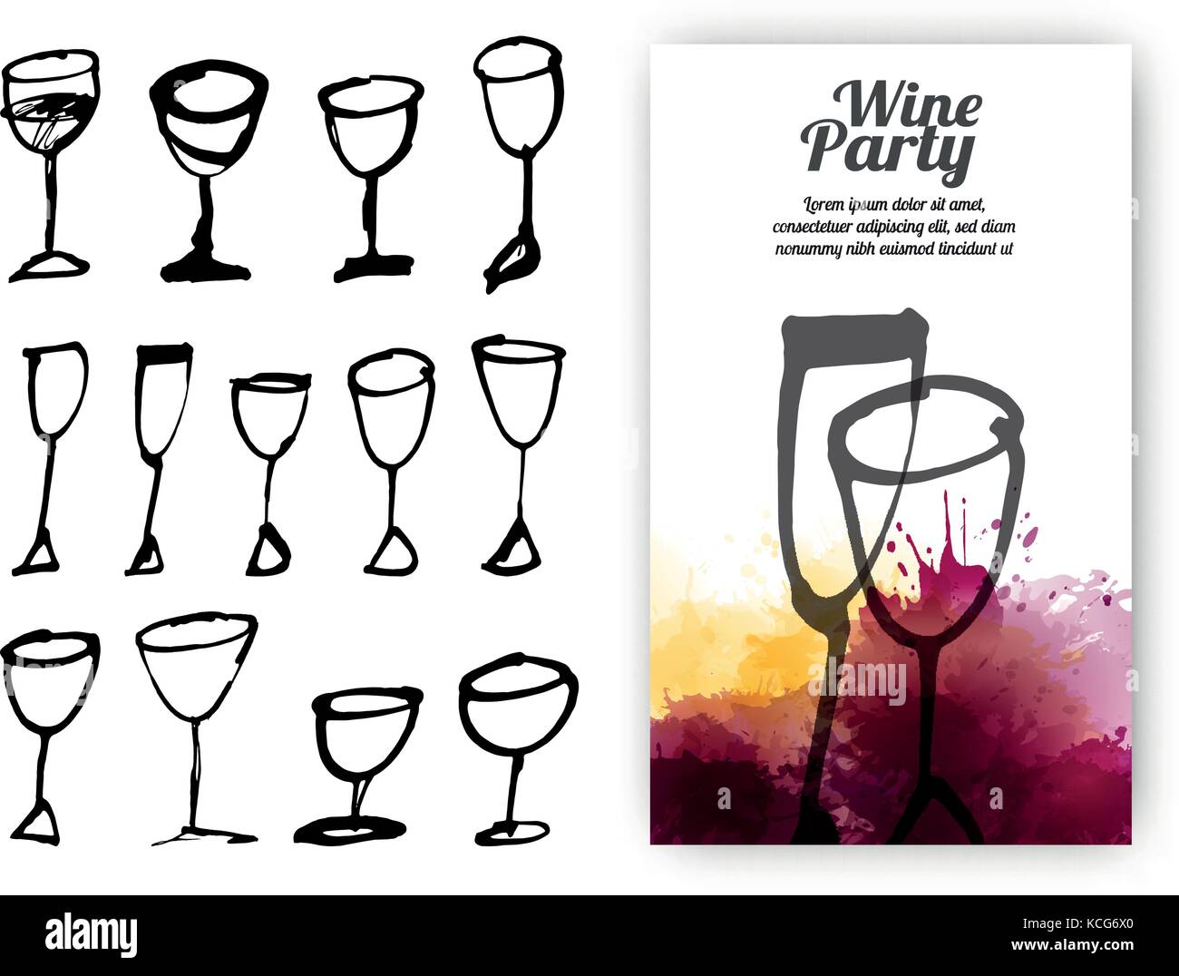Set of hand drawn drink cups. Illustration of design template with wine glass. Vector