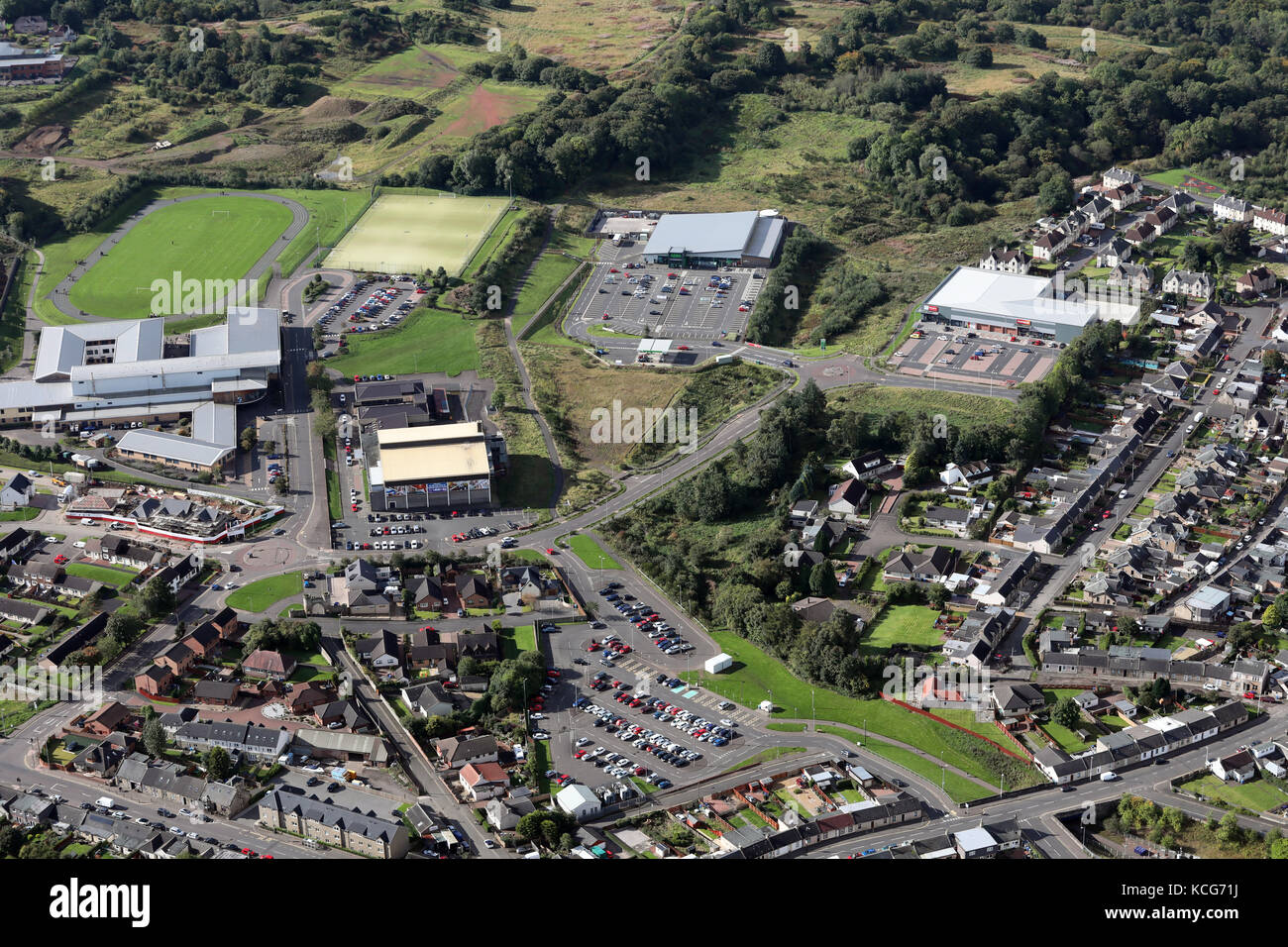 aerial view of Larkhall Academy, Leisure Centre & Stock Photo