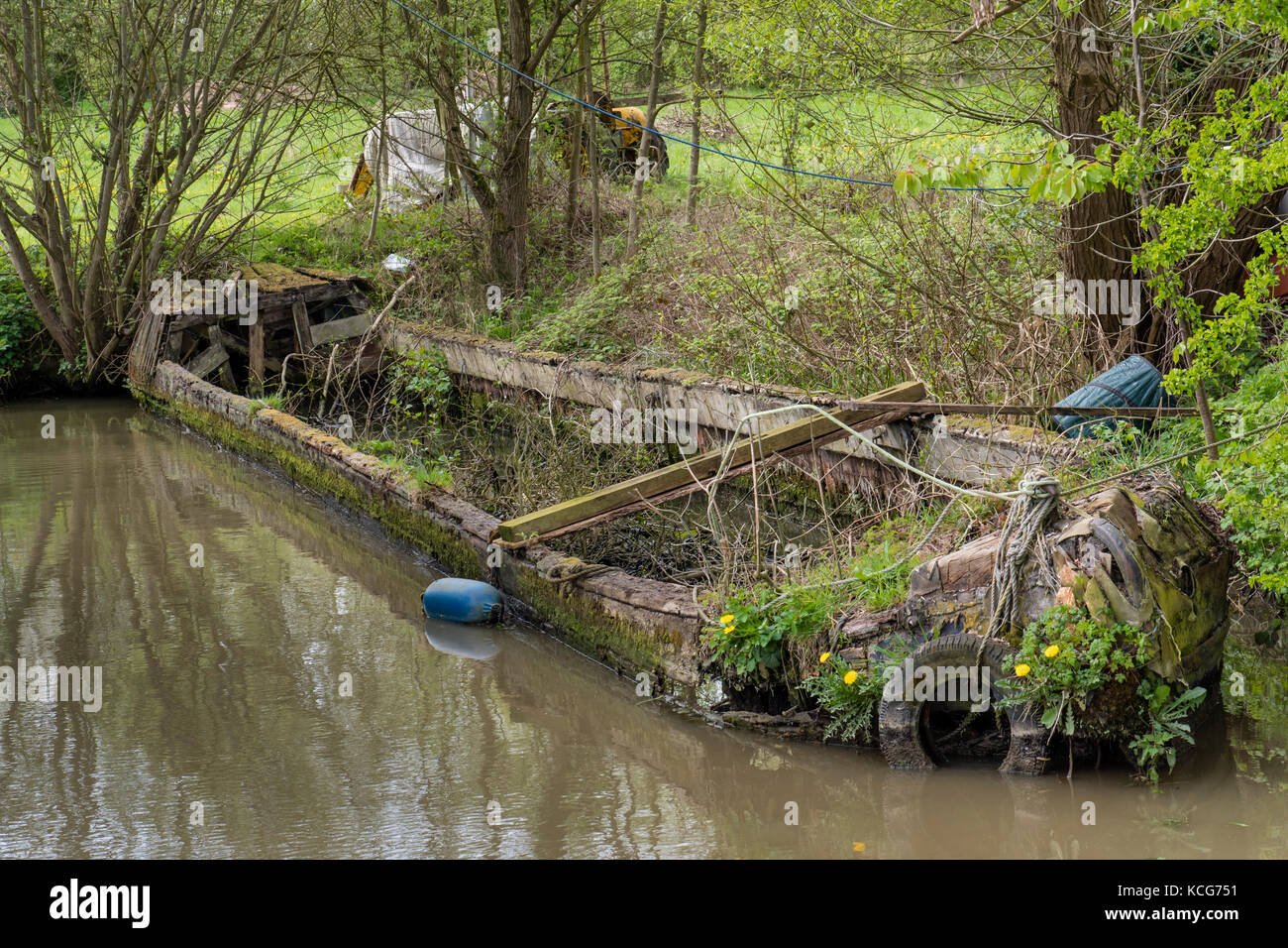 Old wooden hulled canal boat Oxford Canal Oxfordshire England Stock Photo