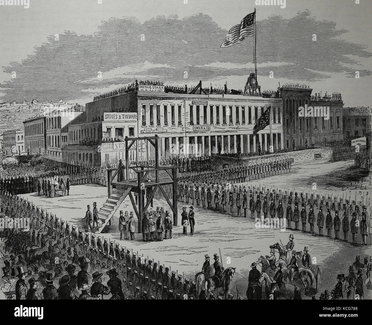 USA. The Gold Rush. Public execution of Joseph Hetherington and Philander Brace, 1856, San Francisco.  Frank Leslie's Ilustrated Newspaper. Stock Photo