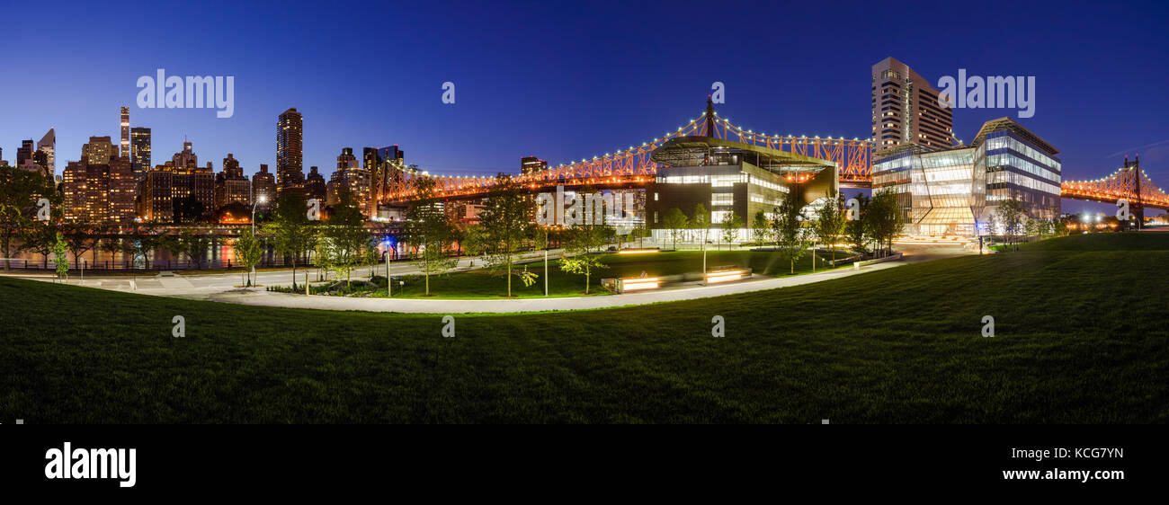 Panoramic view of the Cornell Tech campus on Roosevelt Island at twilight. New York City Stock Photo