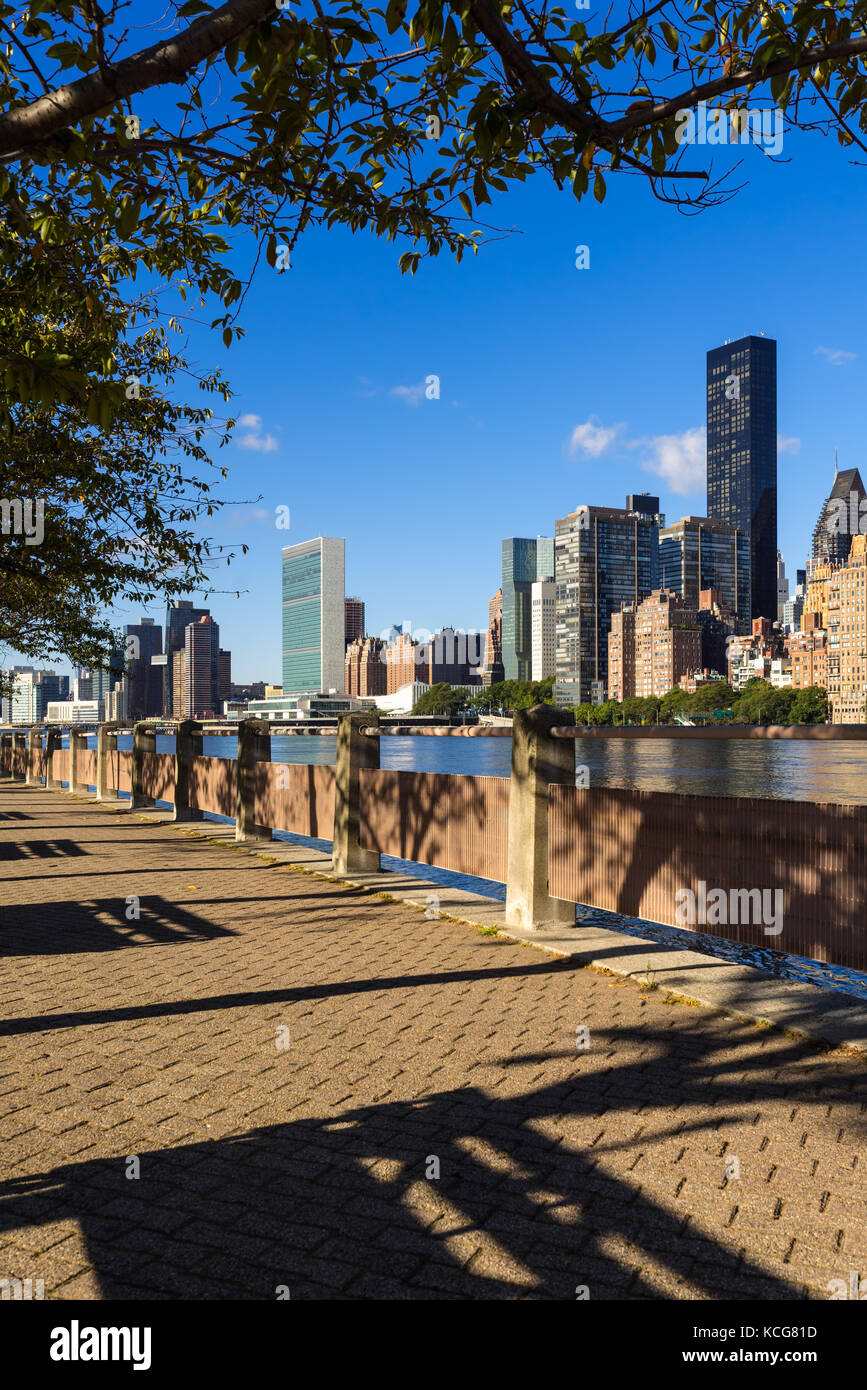 Summer view on Manhattan Midtown East skyscrapers from Roosevelt Island