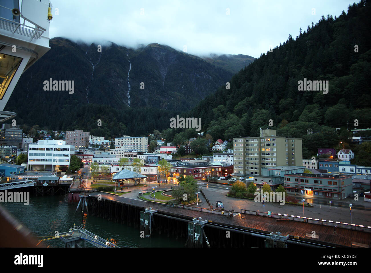 the Alaskan town / port of Juneau in Alaska at dawn, USA Stock Photo