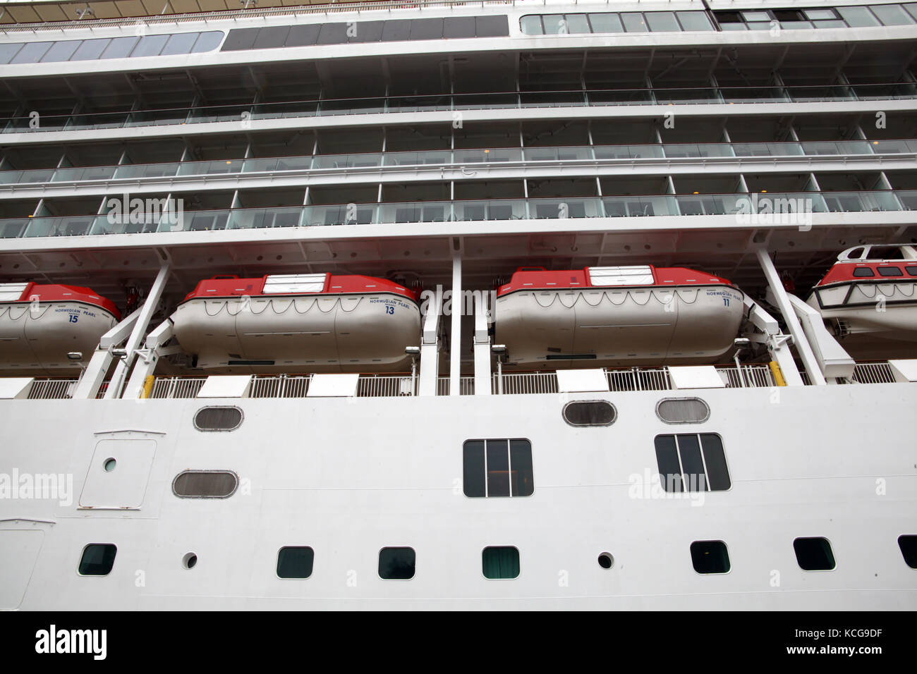 life boats on the Norwegian Pearl cruise ship Stock Photo