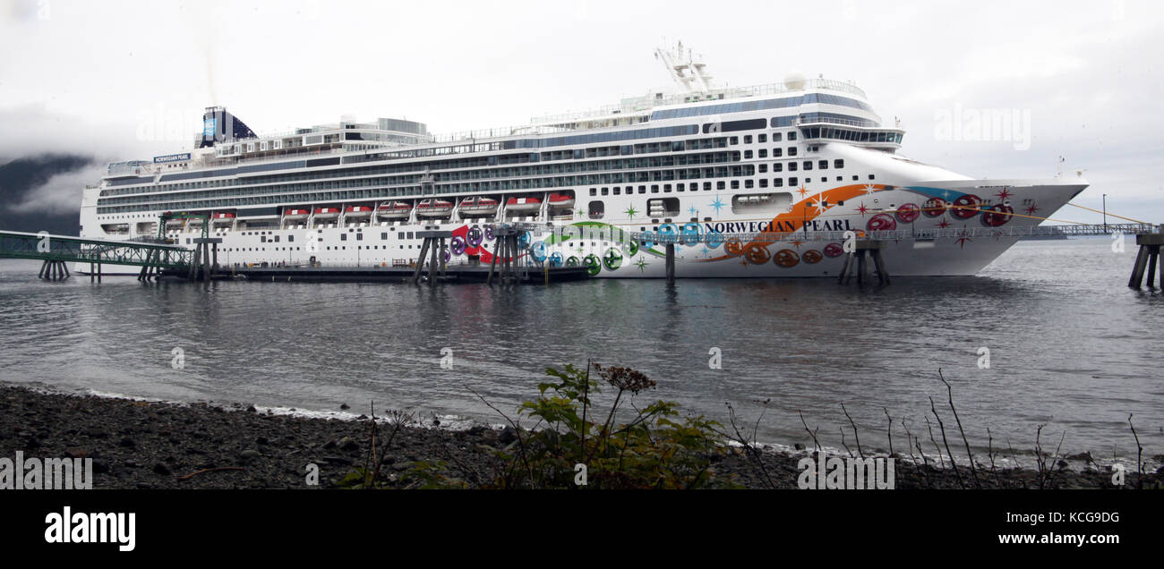 Norwegian Pearl cruise ship in dock at Icy Strait Point in Alaska, USA Stock Photo