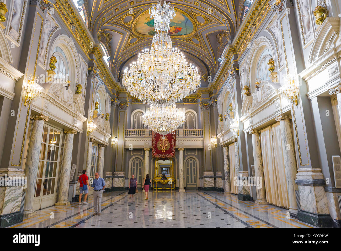Valencia city hall, tourists in Valencia visit a grand state room inside the town hall, which now also serves as the city's Museu Historico Municipal. Stock Photo