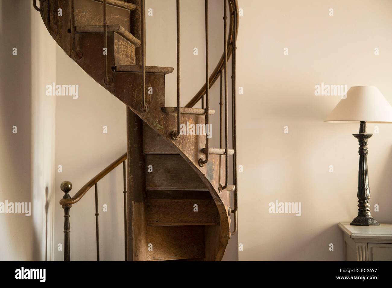 Antique wooden spiral stairway, Paris, France. Stock Photo