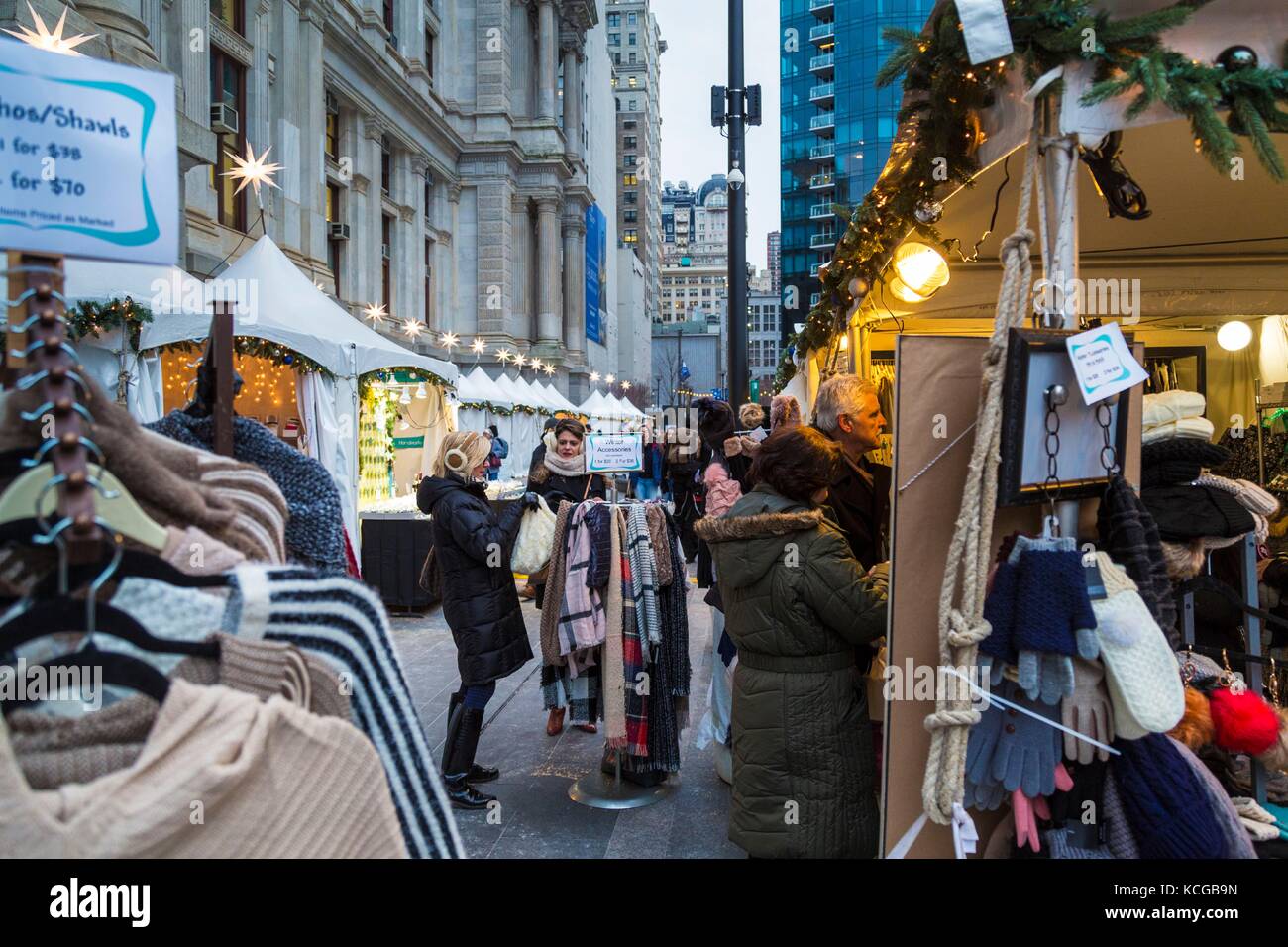 Christmas Village and Winter garden at Dilworth Park outside of City Hall, Philadelphia, PA, USA. Stock Photo