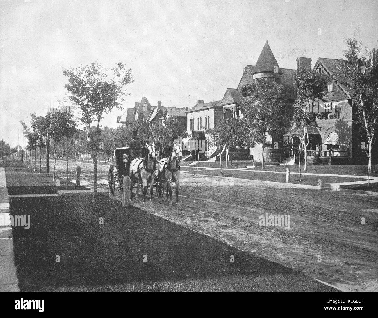 United States of America, State of Colorado, horse-drawn carriage in front of the Sherman Avenue in the city of Denver, digital improved reproduction of a historical photo from the (estimated) year 1899 Stock Photo