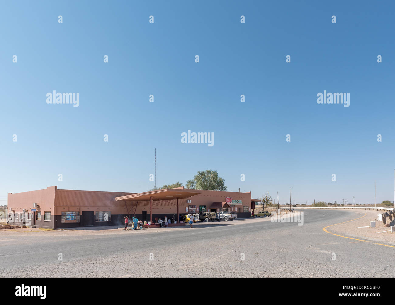 STAMPRIET, NAMIBIA - JULY 5, 2017: A shopping centre and street vendors in Stampriet, a small town of the Hardap Region in Namibia Stock Photo