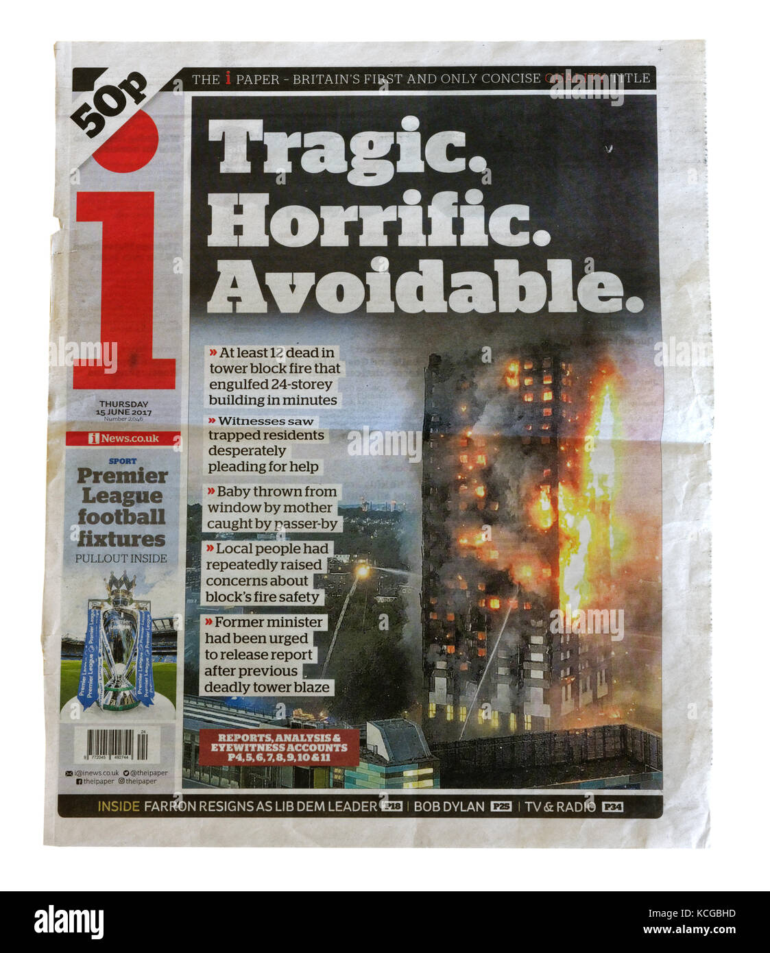 i Paper headline and coverage of the Grenfell Tower fire in London, England in which an estimated 80 people died Stock Photo