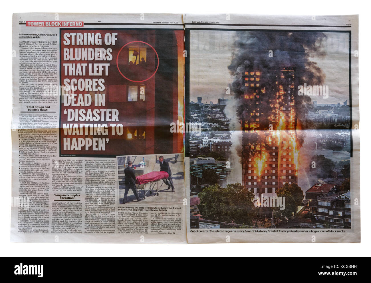 Daily Mail headline and coverage of the Grenfell Tower fire in London, England in which an estimated 80 people died Stock Photo