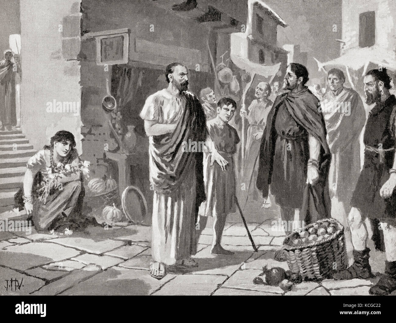 Roman colonizers trading with the native Dacians, c.105 AD.  After the painting by J.H. Valda, d.1941.  From Hutchinson's History of the Nations, published 1915. Stock Photo