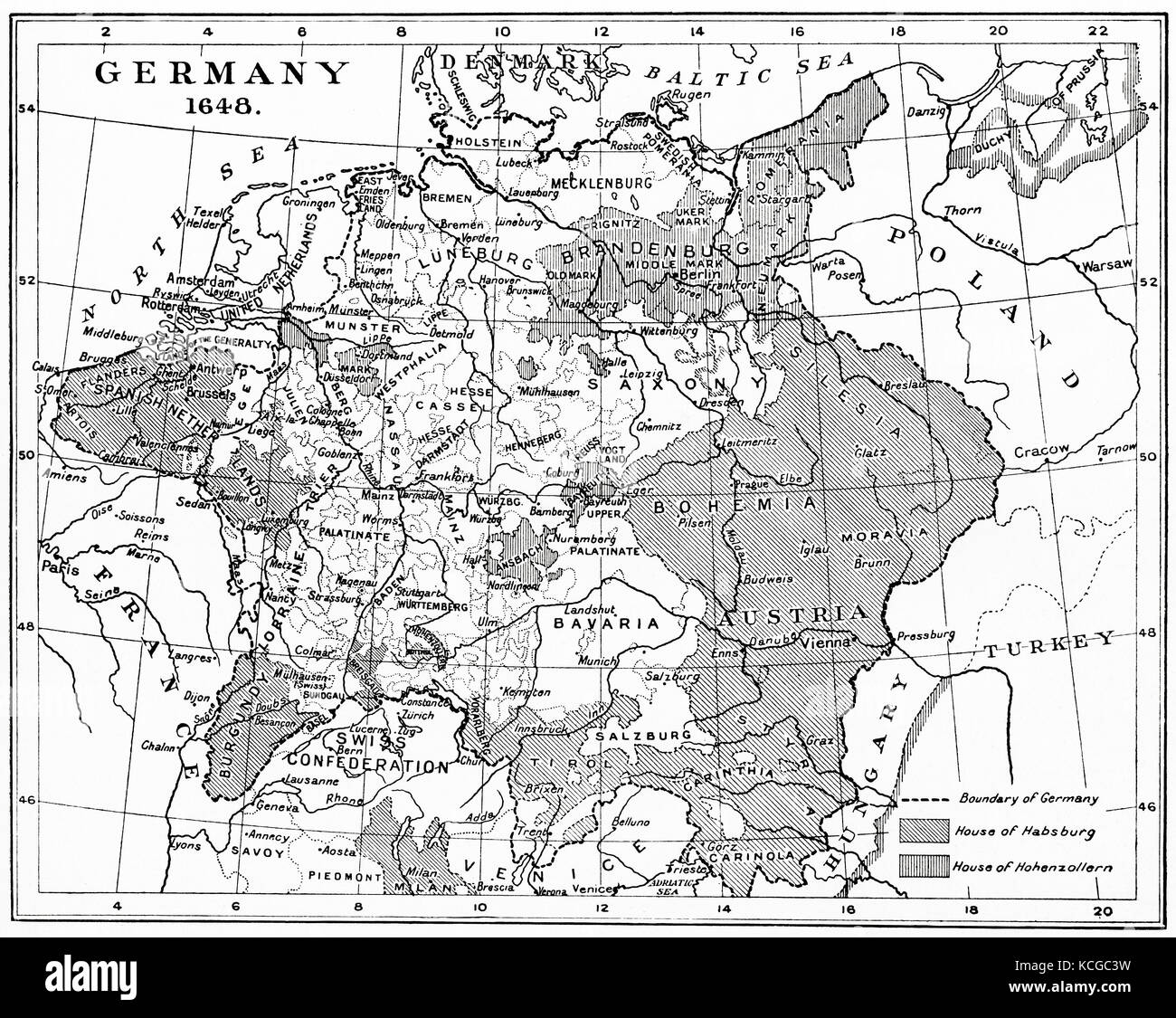 Map of Germany in 1648 after the Peace of Westphalia.  From Hutchinson's History of the Nations, published 1915. Stock Photo
