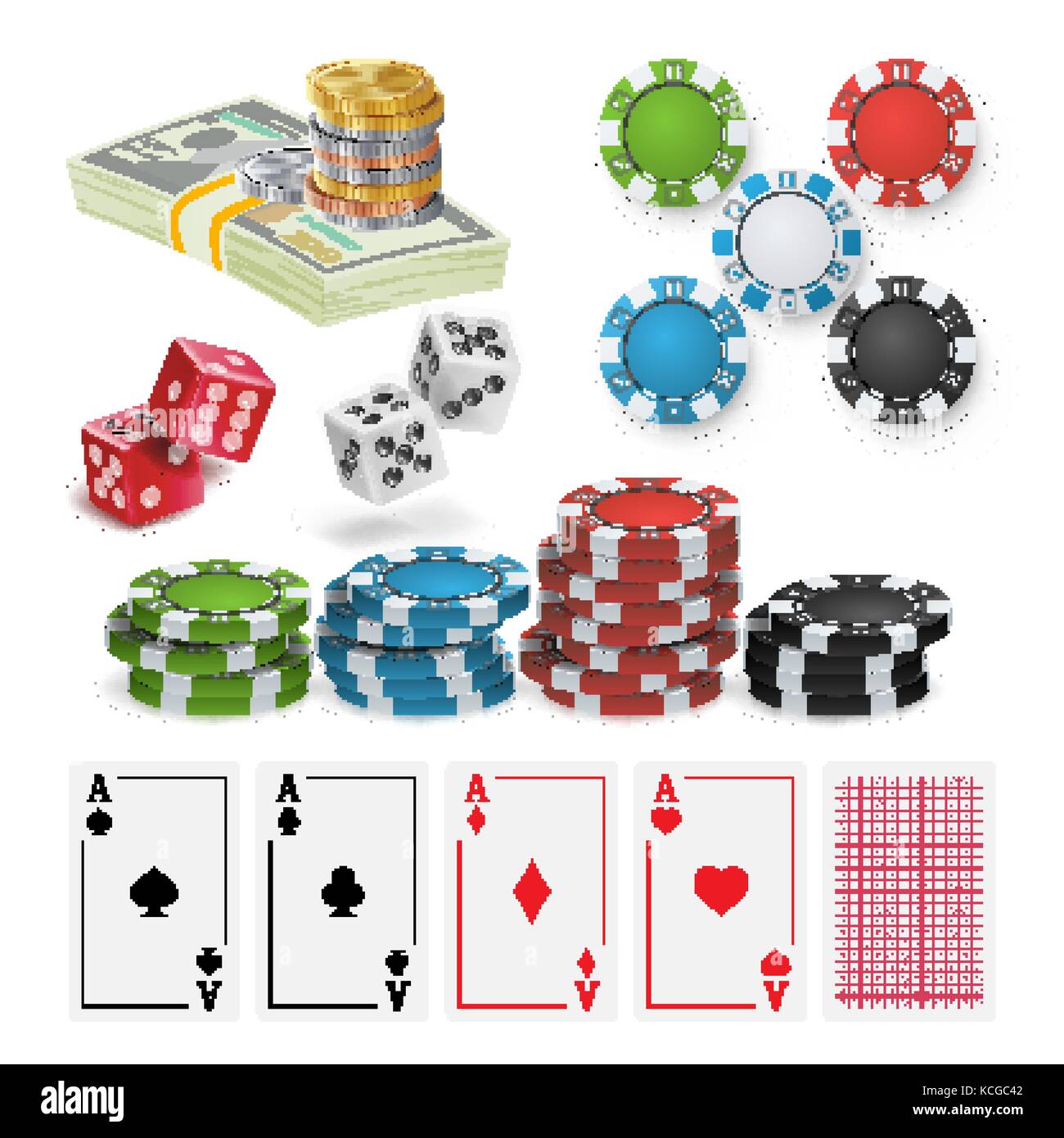 Casino Design Elements Vector. Poker Chips, Playing Cards, Craps. Isolated Illustration Stock