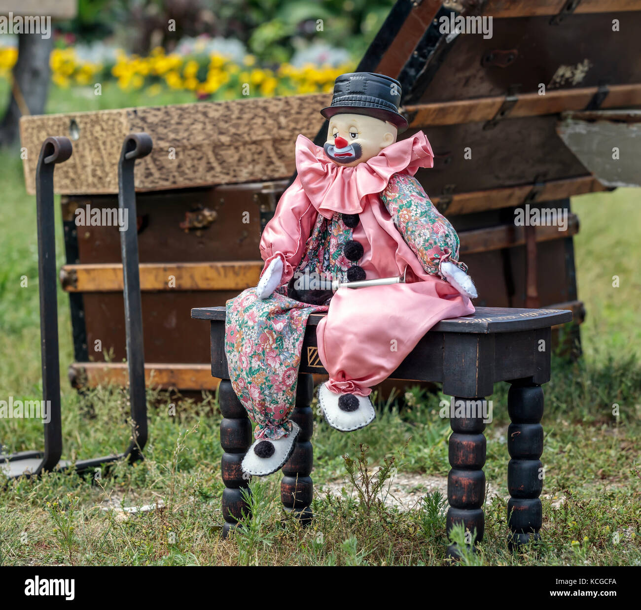 Creepy clown doll at an outdoor Flea Market, Manitoba, Canada. Stock Photo